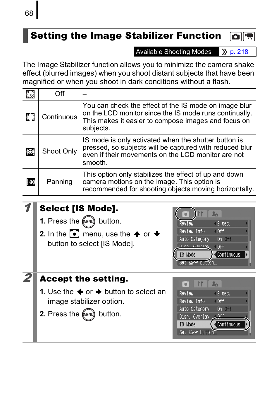 Setting the image stabilizer function, P. 68 | Canon IXUS 85 IS User Manual | Page 70 / 224