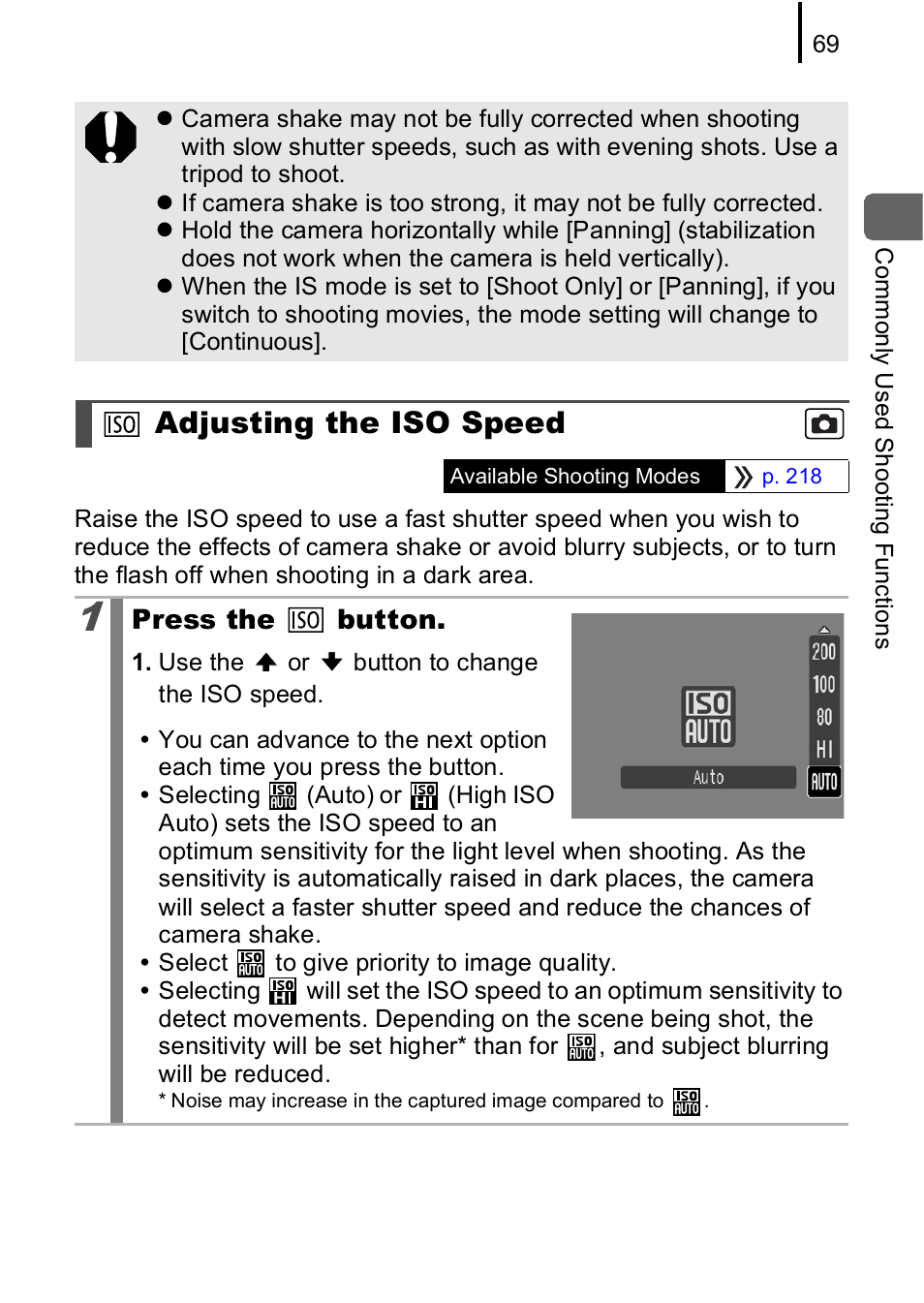 Adjusting the iso speed, P. 69 | Canon IXUS 85 IS User Manual | Page 71 / 224