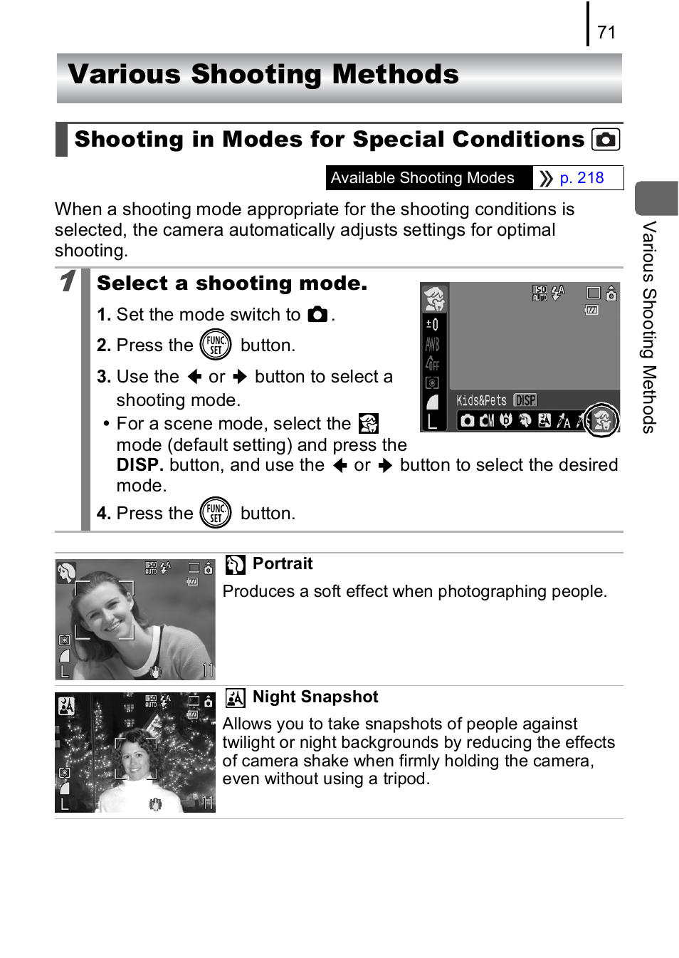 Various shooting methods, Shooting in modes for special conditions, P. 71 | P. 71) | Canon IXUS 85 IS User Manual | Page 73 / 224