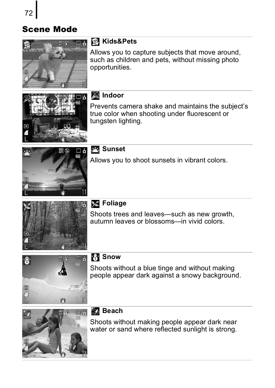 P. 72, P. 72), Scene mode | Canon IXUS 85 IS User Manual | Page 74 / 224