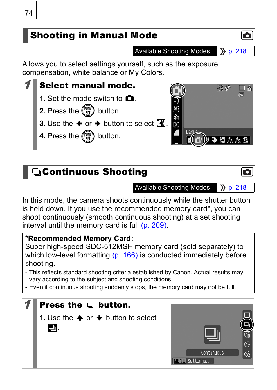 Shooting in manual mode, Continuous shooting, P. 74 | Canon IXUS 85 IS User Manual | Page 76 / 224