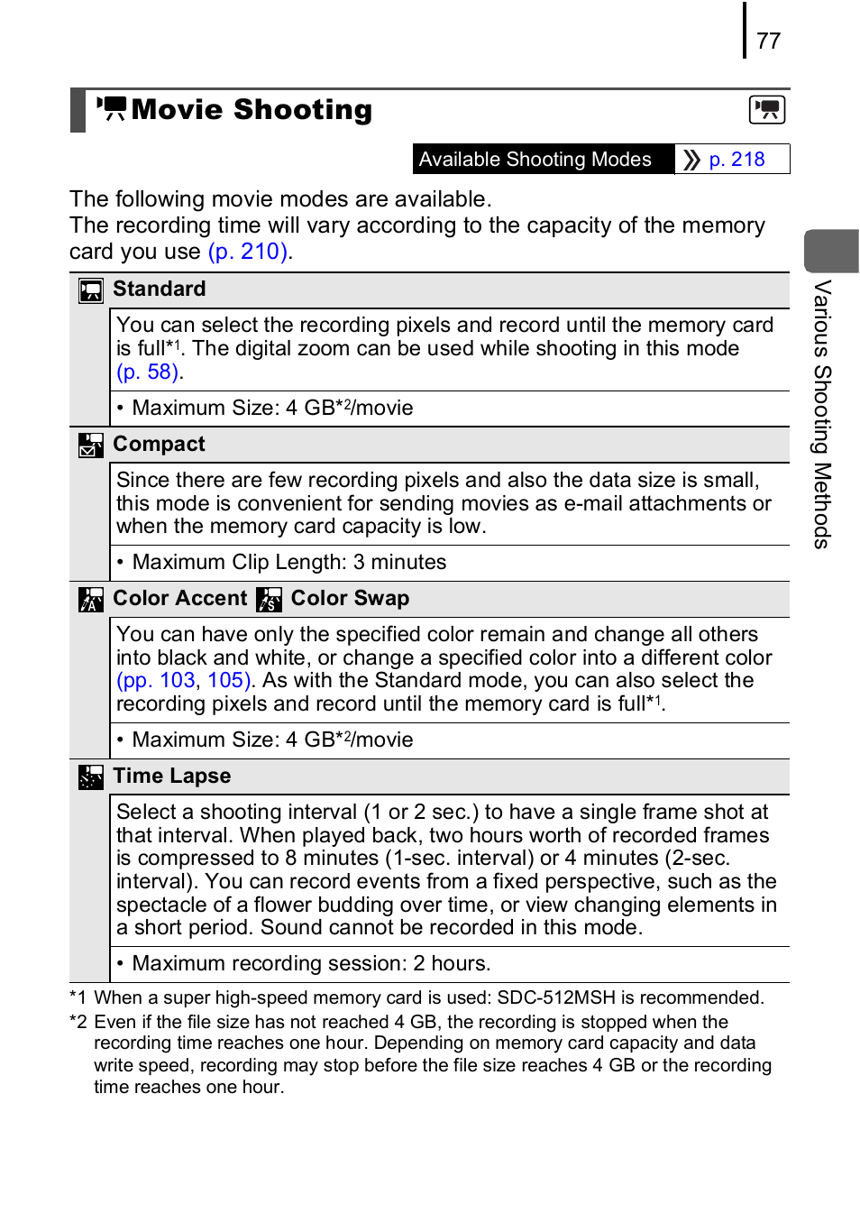 Movie shooting, P. 77), P. 77 | Canon IXUS 85 IS User Manual | Page 79 / 224