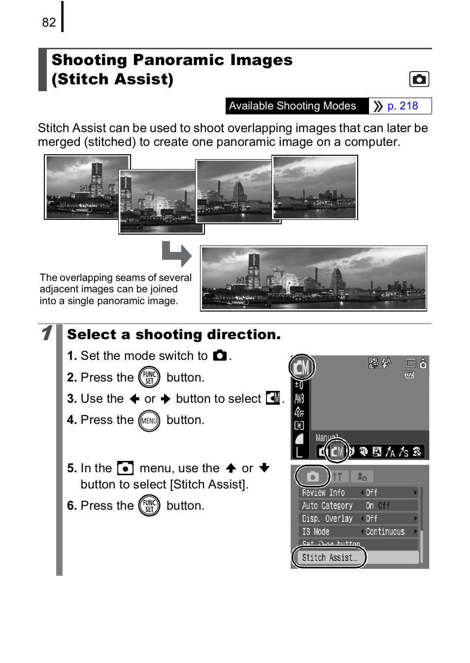 Shooting panoramic images (stitch assist), P. 82), P. 82 | Canon IXUS 85 IS User Manual | Page 84 / 224