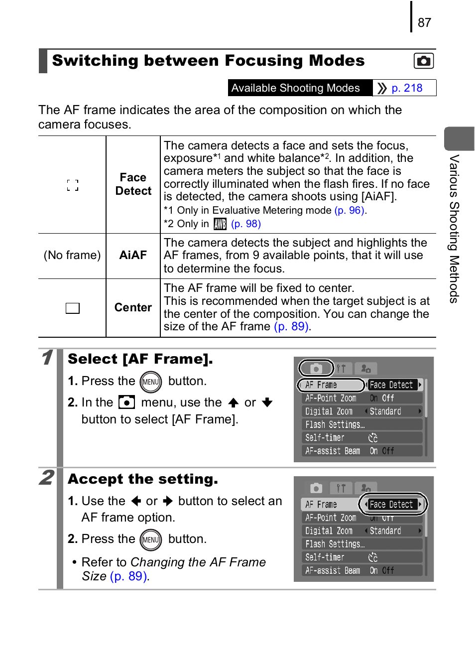 Switching between focusing modes, P. 87 | Canon IXUS 85 IS User Manual | Page 89 / 224