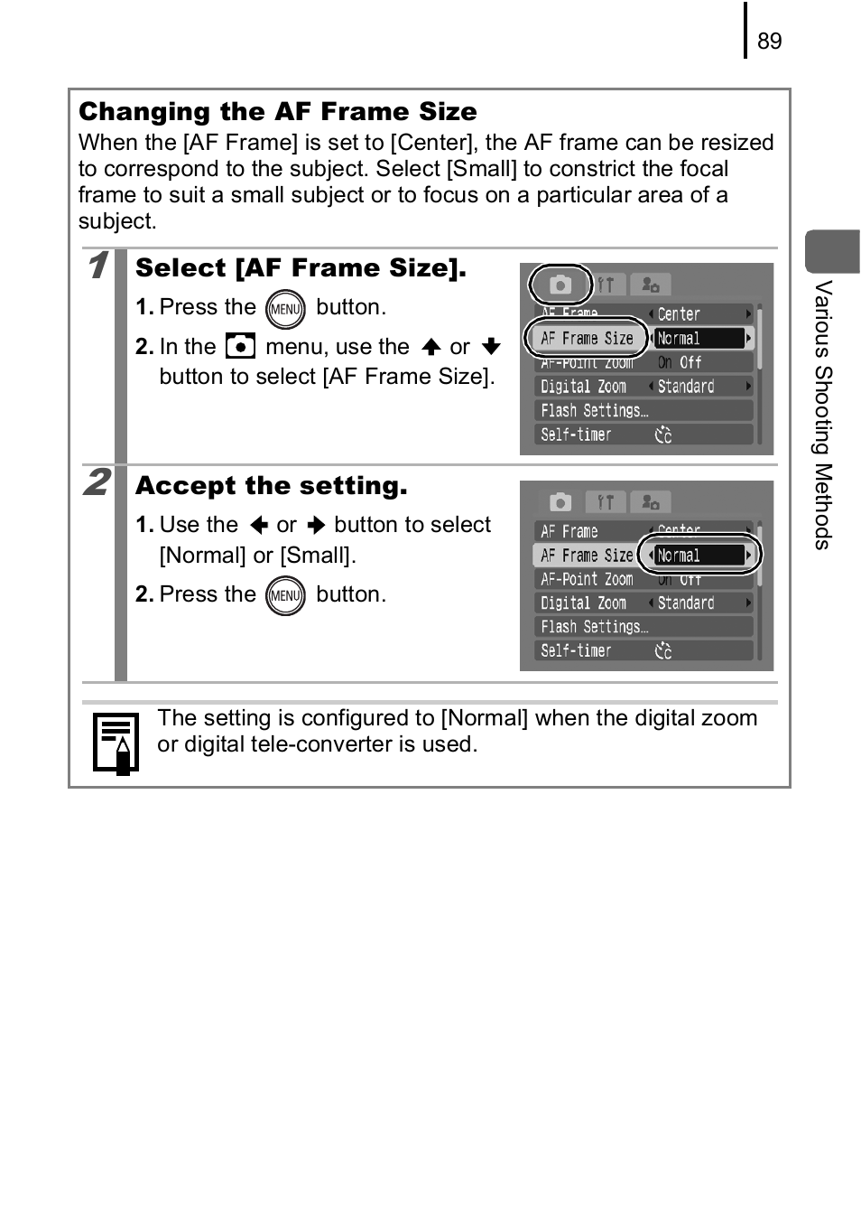 P. 89, P. 89), Changing the af frame | Size | Canon IXUS 85 IS User Manual | Page 91 / 224