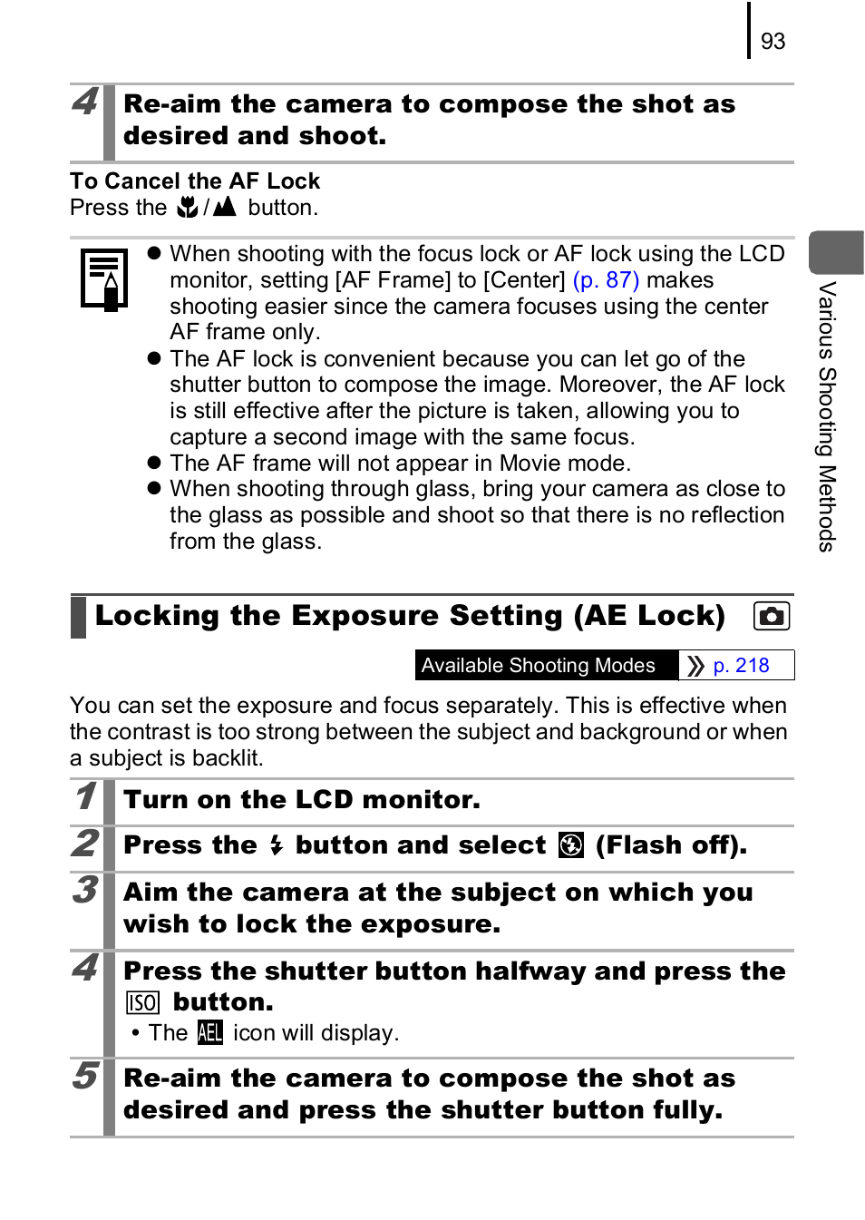 Locking the exposure setting (ae lock) | Canon IXUS 85 IS User Manual | Page 95 / 224