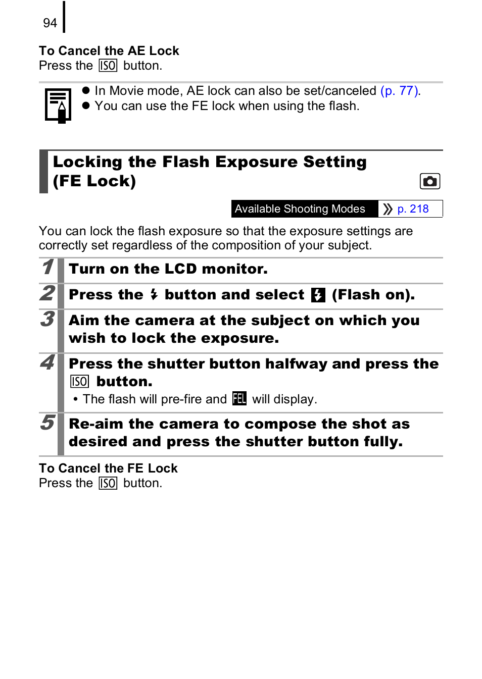 Locking the flash exposure setting (fe lock) | Canon IXUS 85 IS User Manual | Page 96 / 224