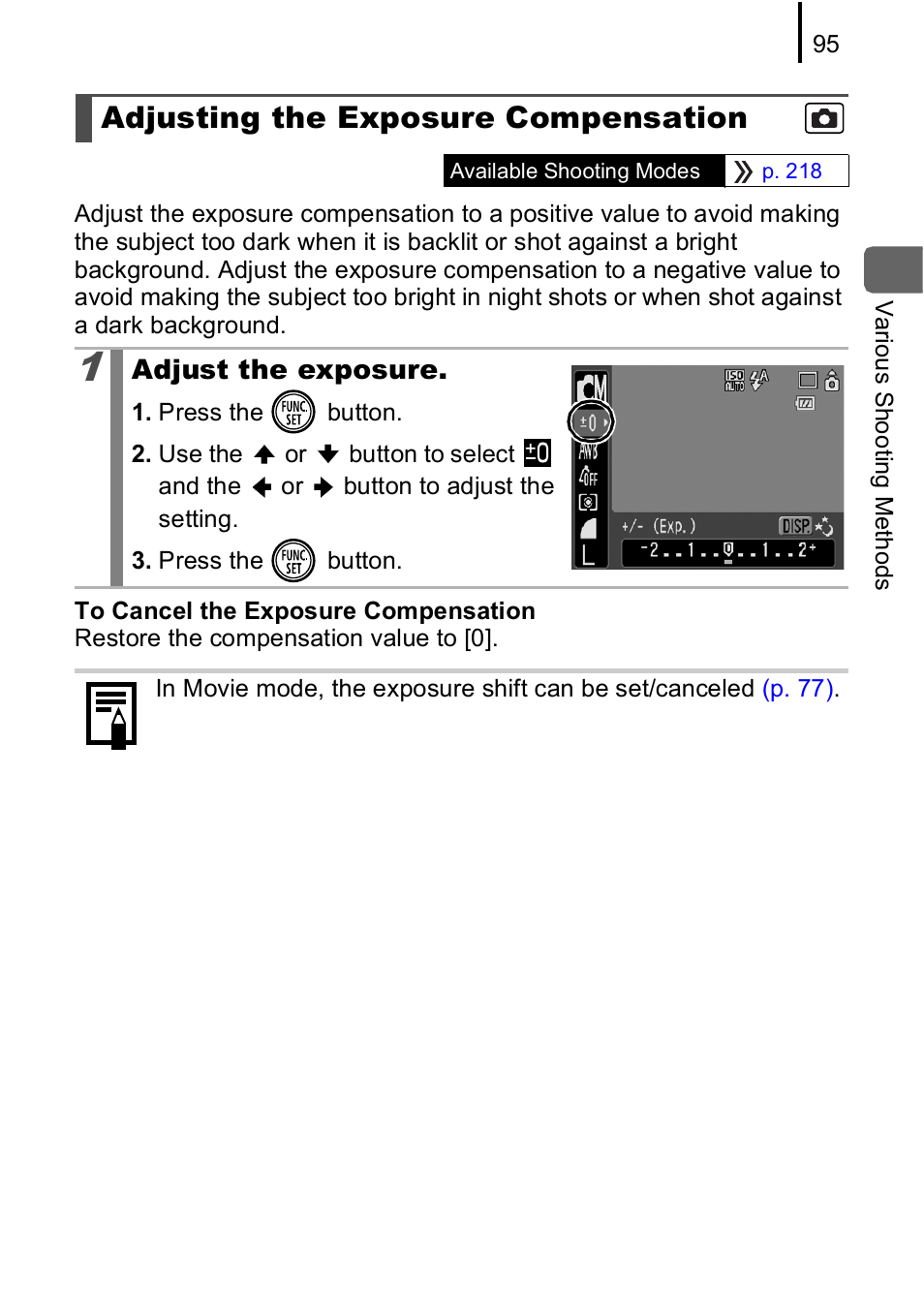 Adjusting the exposure compensation, P. 95 | Canon IXUS 85 IS User Manual | Page 97 / 224