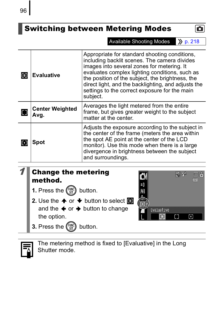 Switching between metering modes, P. 96, P. 96) | Canon IXUS 85 IS User Manual | Page 98 / 224