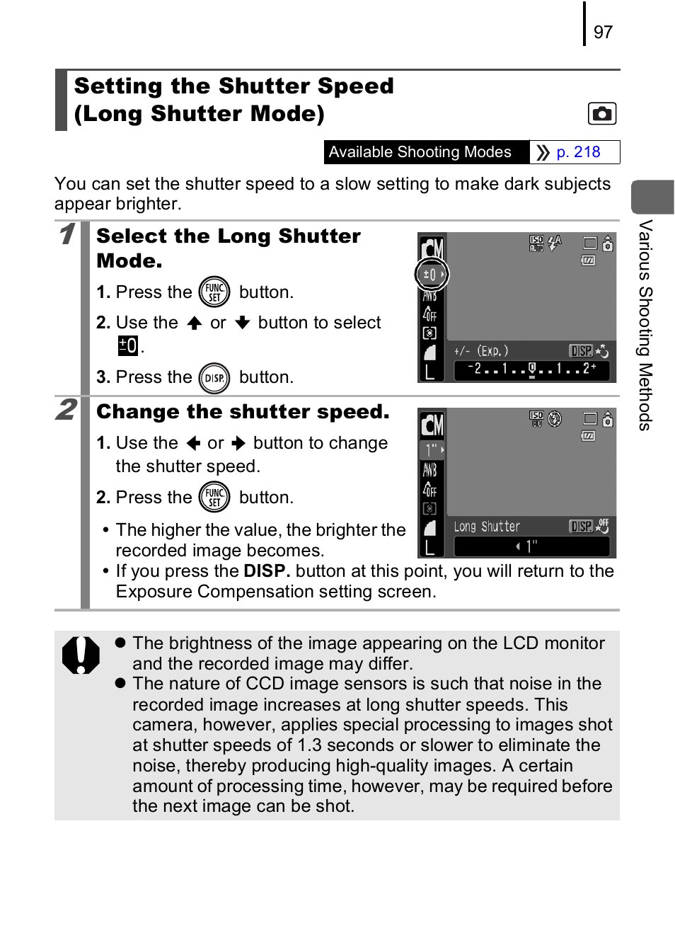 Setting the shutter speed (long shutter mode), P. 97 | Canon IXUS 85 IS User Manual | Page 99 / 224