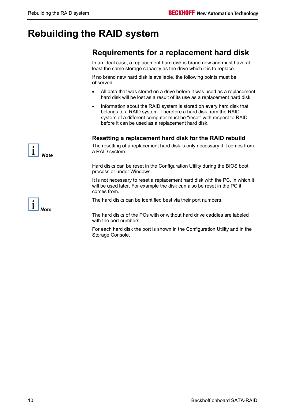 Rebuilding the raid system, Requirements for a replacement hard disk, Whilst the industrial pc was | BECKHOFF Onboard SATA RAID User Manual | Page 12 / 25