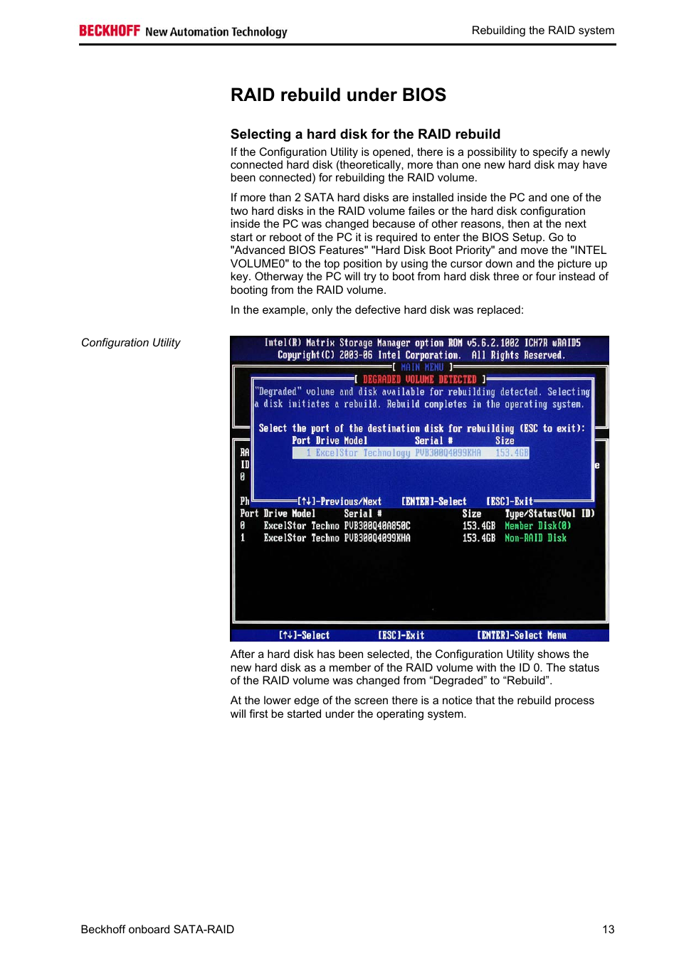 Raid rebuild under bios, Selecting a hard disk for the raid rebuild, Selecting a hard disk for the raid | Rebuild | BECKHOFF Onboard SATA RAID User Manual | Page 15 / 25