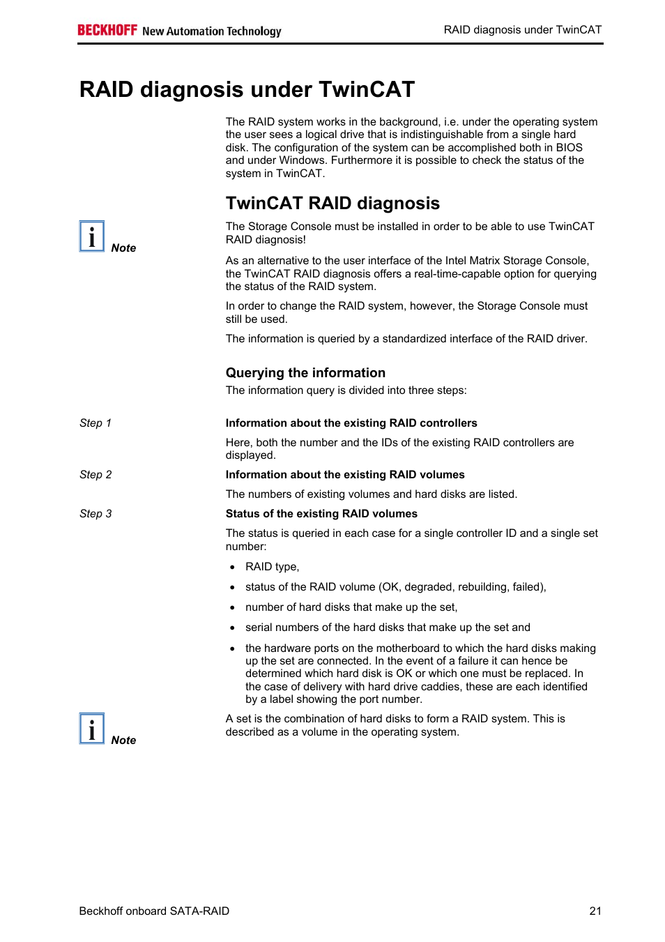 Raid diagnosis under twincat, Twincat raid diagnosis, Querying the information | Information about the existing raid controllers, Information about the existing raid volumes, Status of the existing raid volumes | BECKHOFF Onboard SATA RAID User Manual | Page 23 / 25