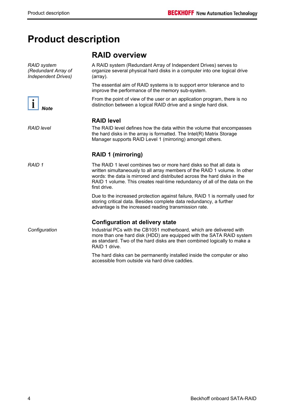 Product description, Raid overview, Raid level | Raid 1 (mirroring), Configuration at delivery state | BECKHOFF Onboard SATA RAID User Manual | Page 6 / 25