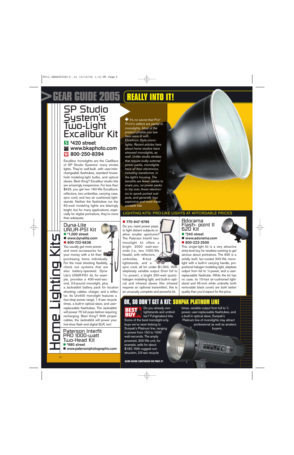 Home lighting kits, Gear guide 2005, Sp studio system’s two-light excalibur kit | Really into it, Ok, so don’t get a kit: sunpak platinum line | Canon GEAR GUIDE 2005 User Manual | Page 6 / 7