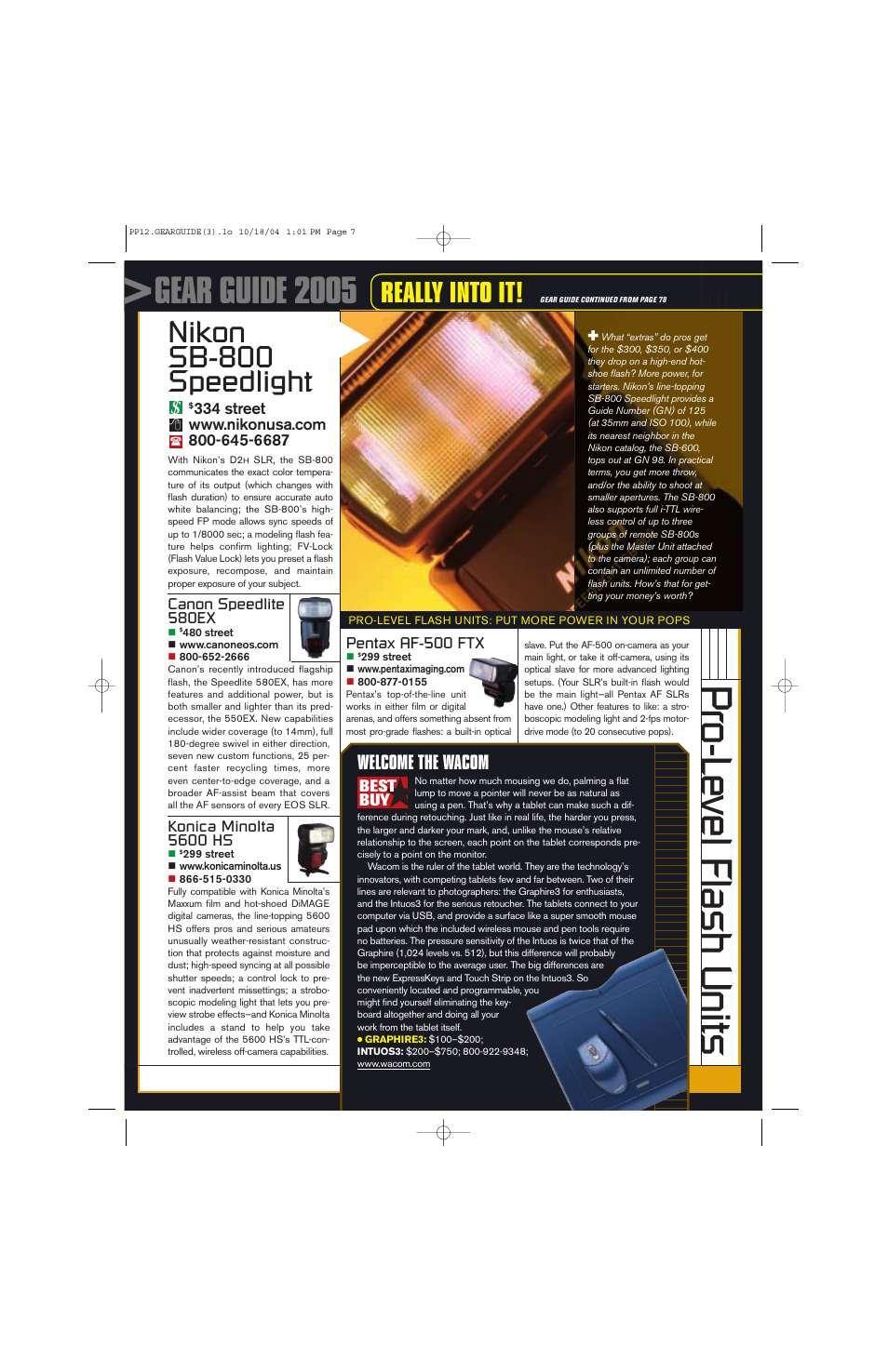Pro-level flash units, Gear guide 2005, Nikon sb-800 speedlight | Really into it, Welcome the wacom | Canon GEAR GUIDE 2005 User Manual | Page 7 / 7