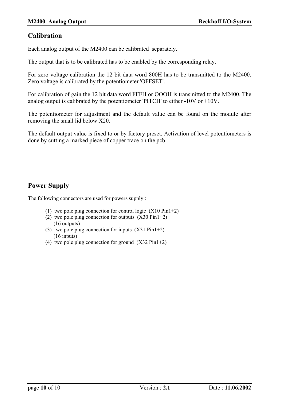 Calibration, Power supply | BECKHOFF M2400 User Manual | Page 10 / 15