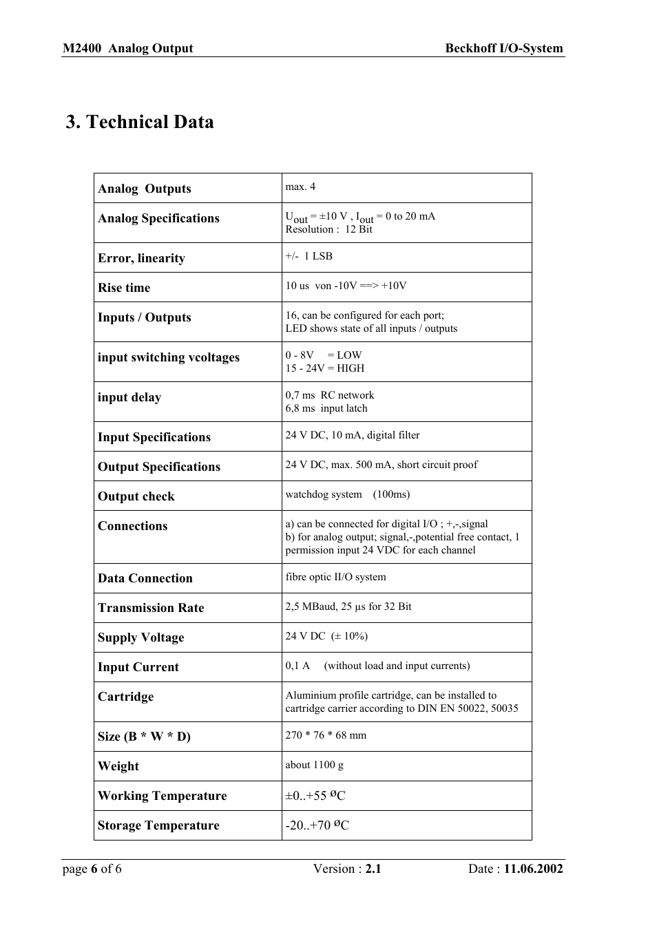 Technical data | BECKHOFF M2400 User Manual | Page 6 / 15