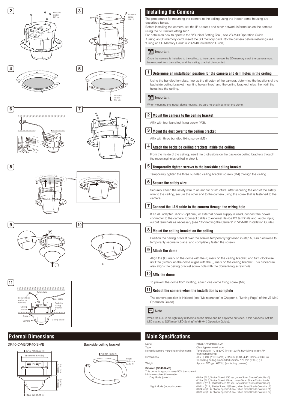 Installing the camera, Main specifications, External dimensions | Canon DR40-C-VB User Manual | Page 2 / 2
