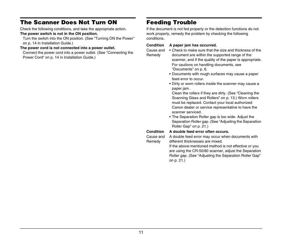 The scanner does not turn on, Feeding trouble, The scanner does not turn on feeding trouble | Canon FORMULA CR-80 User Manual | Page 11 / 24