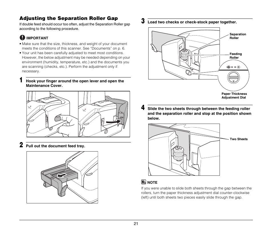 Adjusting the separation roller gap, See “adjusting the separation roller gap” on p. 21 | Canon FORMULA CR-80 User Manual | Page 21 / 24