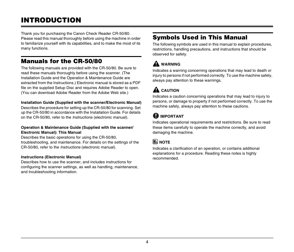 Introduction, Manuals for the cr-50/80, Symbols used in this manual | Canon FORMULA CR-80 User Manual | Page 4 / 24