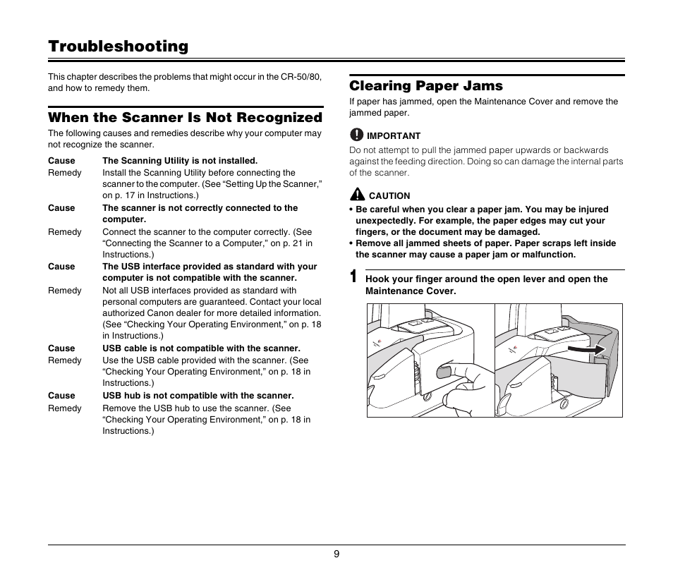 Troubleshooting, When the scanner is not recognized, Clearing paper jams | Canon FORMULA CR-80 User Manual | Page 9 / 24