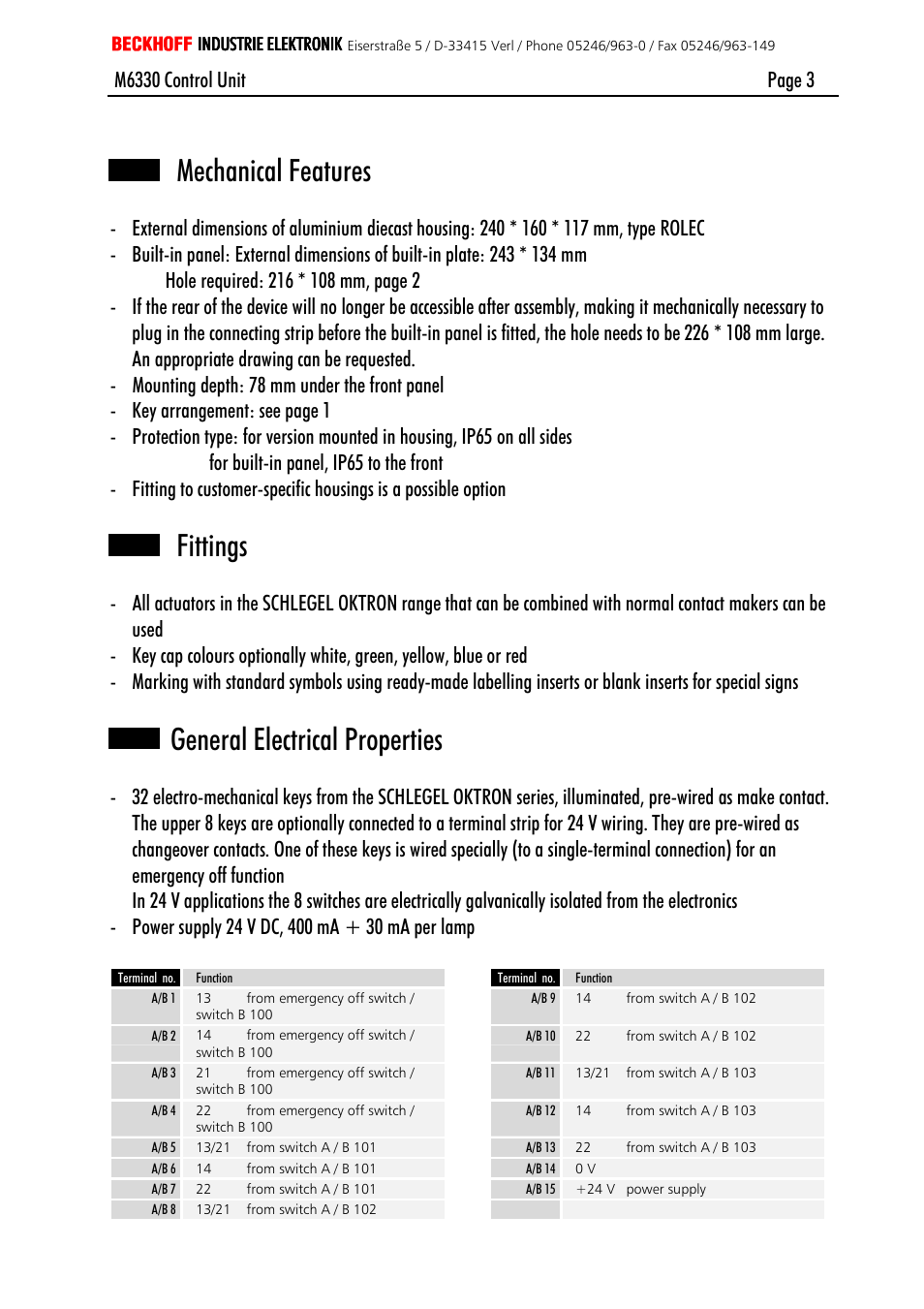 Assembly hole for the m6331 built-in panel, Mechanical features, Fittings | General electrical properties | BECKHOFF M6330 User Manual | Page 3 / 5