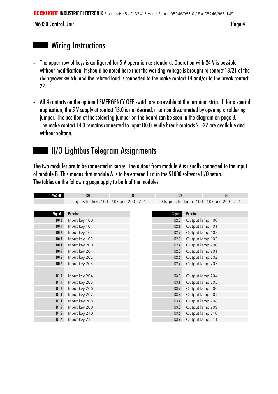 Wiring instructions, Ii/o lightbus telegram assignments | BECKHOFF M6330 User Manual | Page 4 / 5