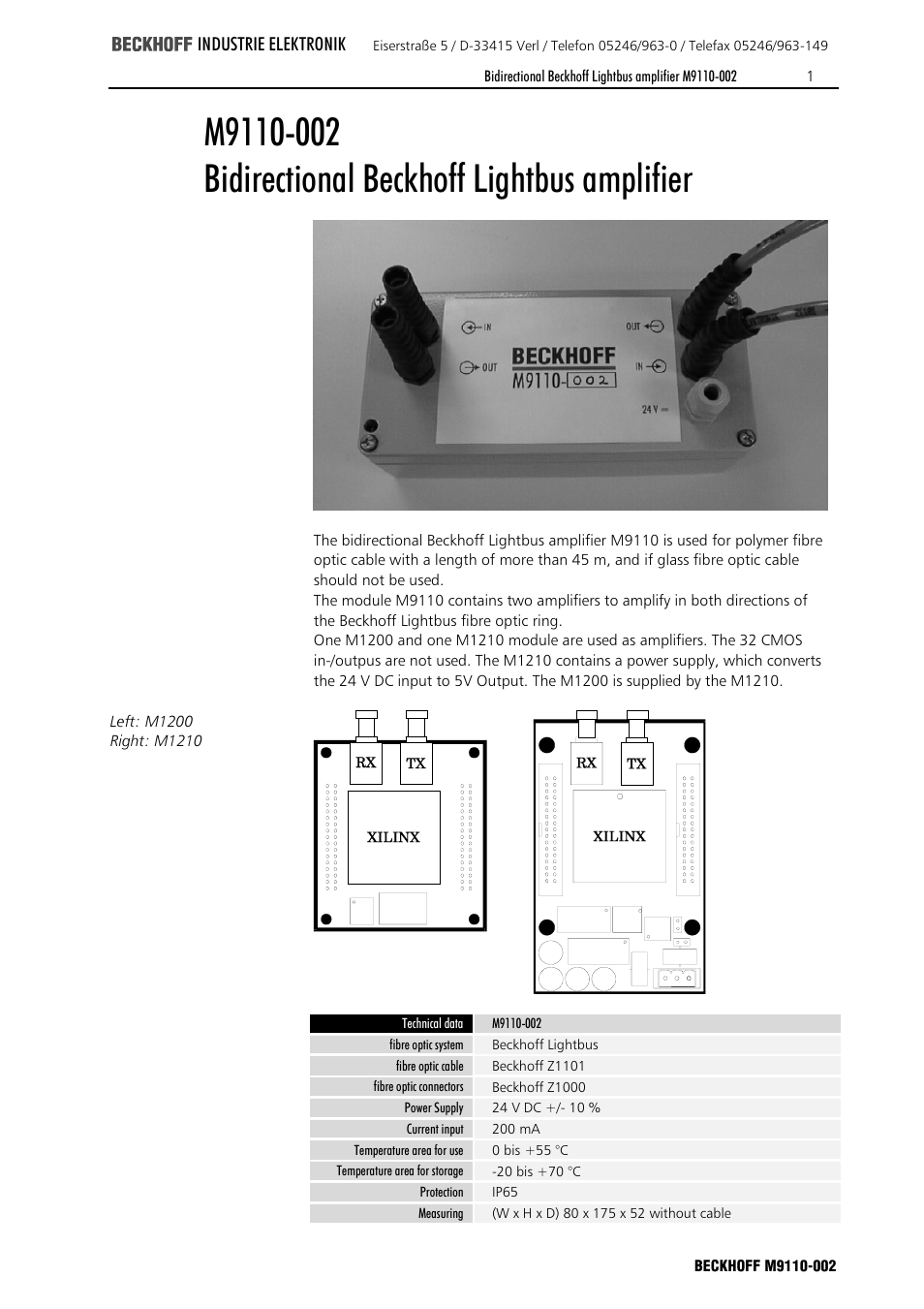 BECKHOFF M9110 User Manual | 2 pages