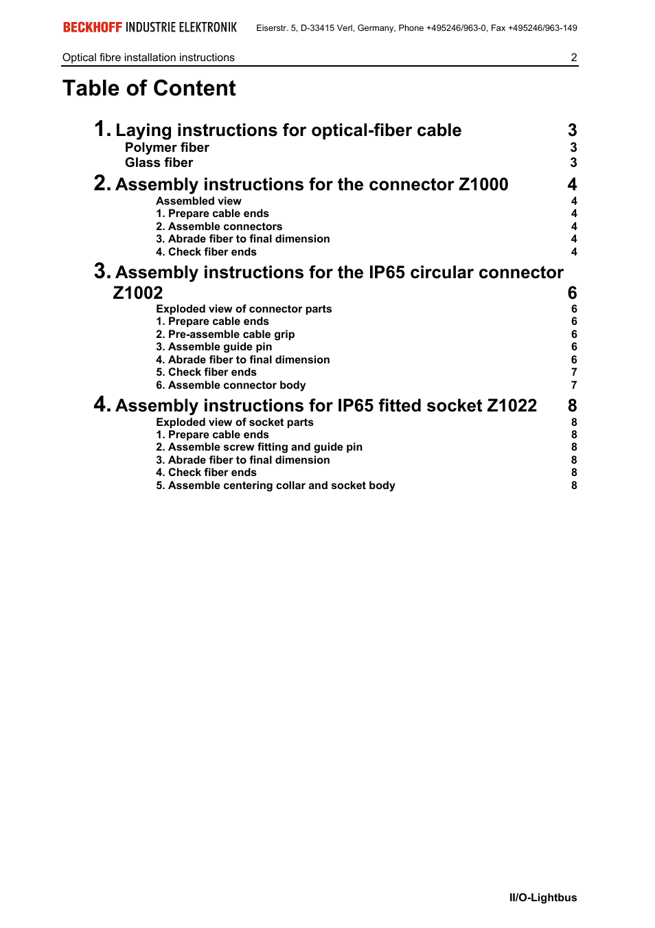 Table of content, Laying instructions for optical-fiber cable 3 | BECKHOFF II/O-Lightbus User Manual | Page 3 / 9