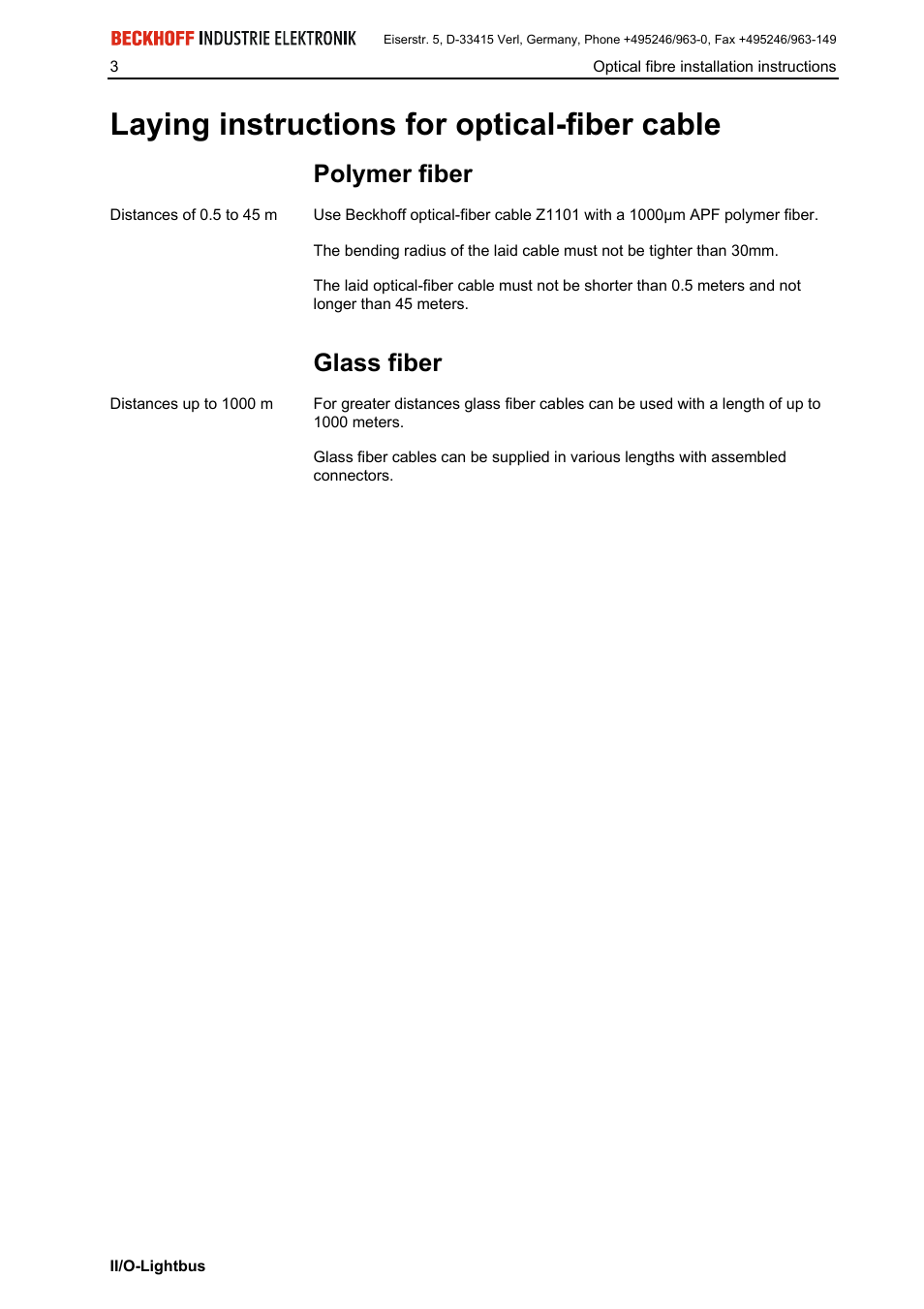 Laying instructions for optical-fiber cable, Polymer fiber, Glass fiber | BECKHOFF II/O-Lightbus User Manual | Page 4 / 9