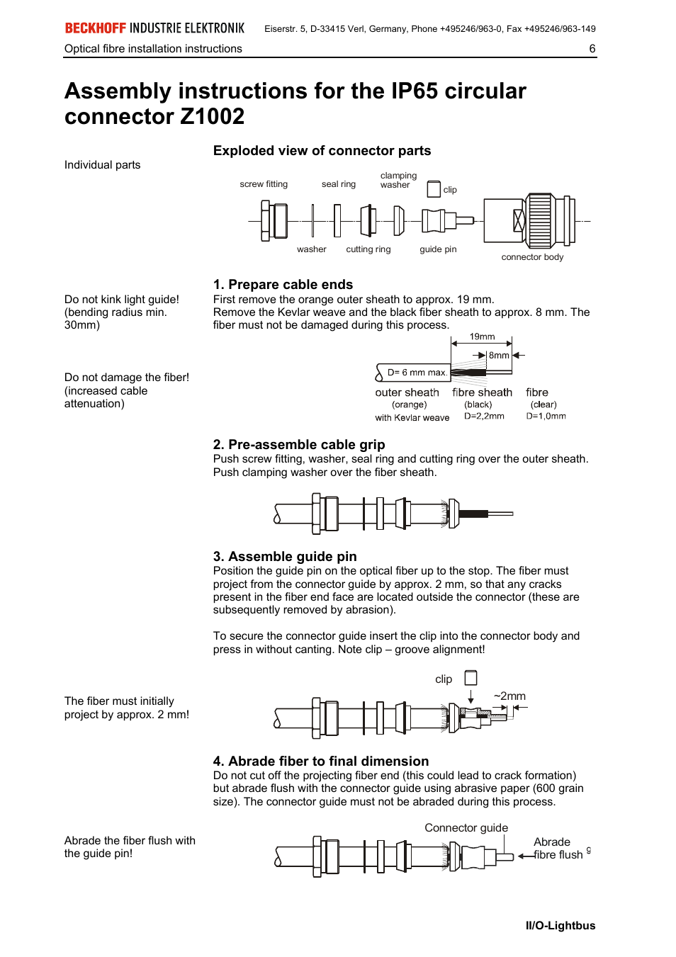 Exploded view of connector parts, Prepare cable ends, Pre-assemble cable grip | Assemble guide pin, Abrade fiber to final dimension | BECKHOFF II/O-Lightbus User Manual | Page 7 / 9