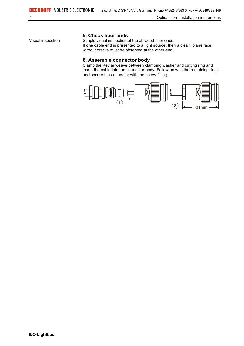 Check fiber ends, Assemble connector body | BECKHOFF II/O-Lightbus User Manual | Page 8 / 9