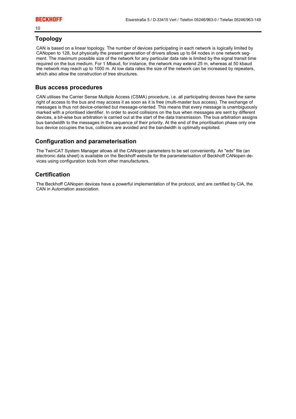 Topology, Bus access procedures, Configuration and parameterisation | Certification | BECKHOFF FC5101 User Manual | Page 10 / 95