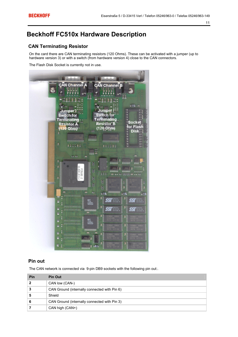 Beckhoff fc510x hardware description, Can terminating resistor, Pin out | BECKHOFF FC5101 User Manual | Page 11 / 95