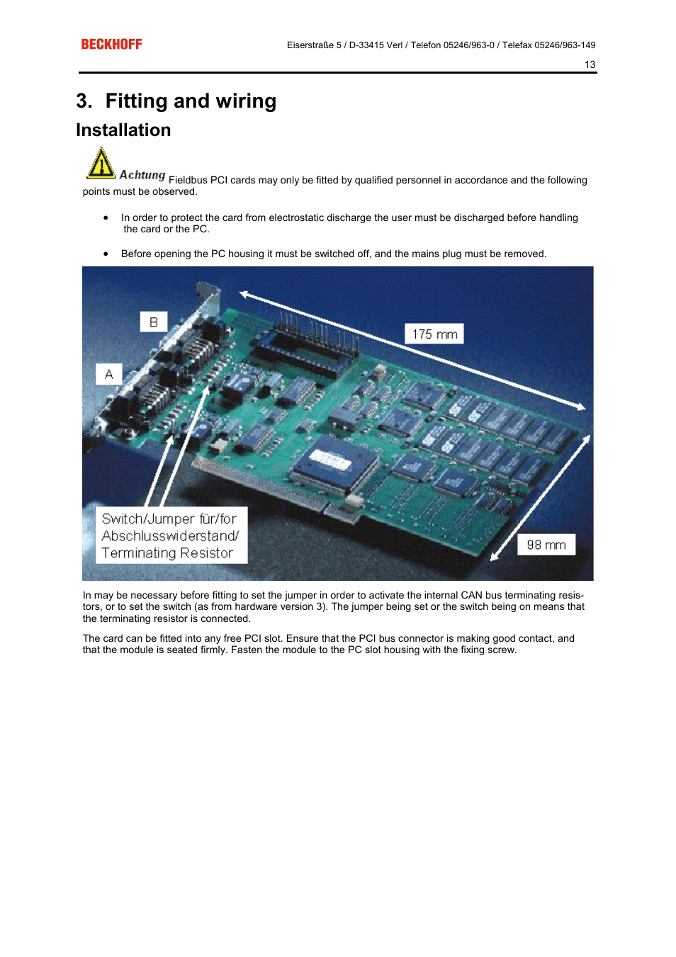 Fitting and wiring, Installation | BECKHOFF FC5101 User Manual | Page 13 / 95