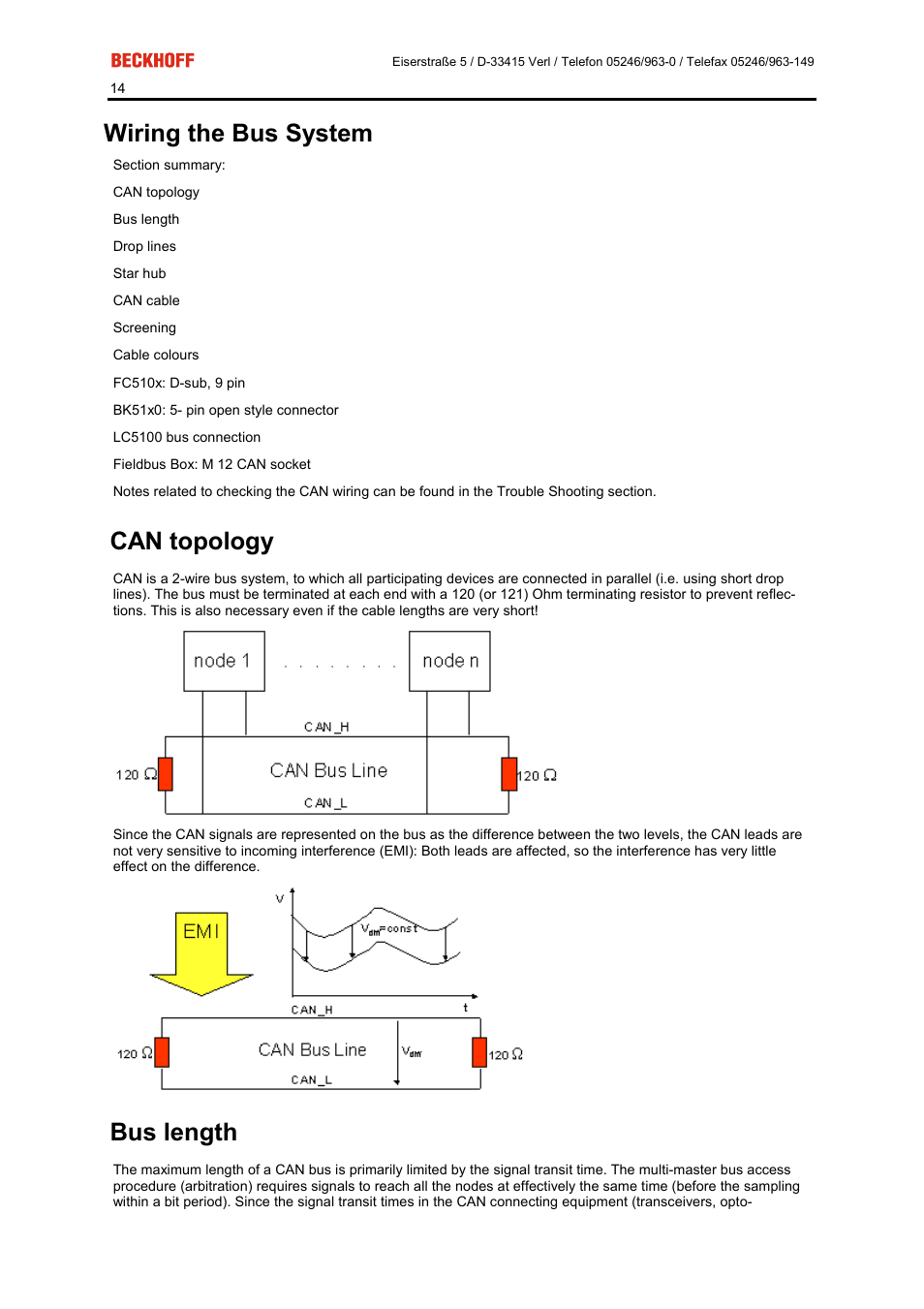 Wiring the bus system, Can topology, Bus length | BECKHOFF FC5101 User Manual | Page 14 / 95
