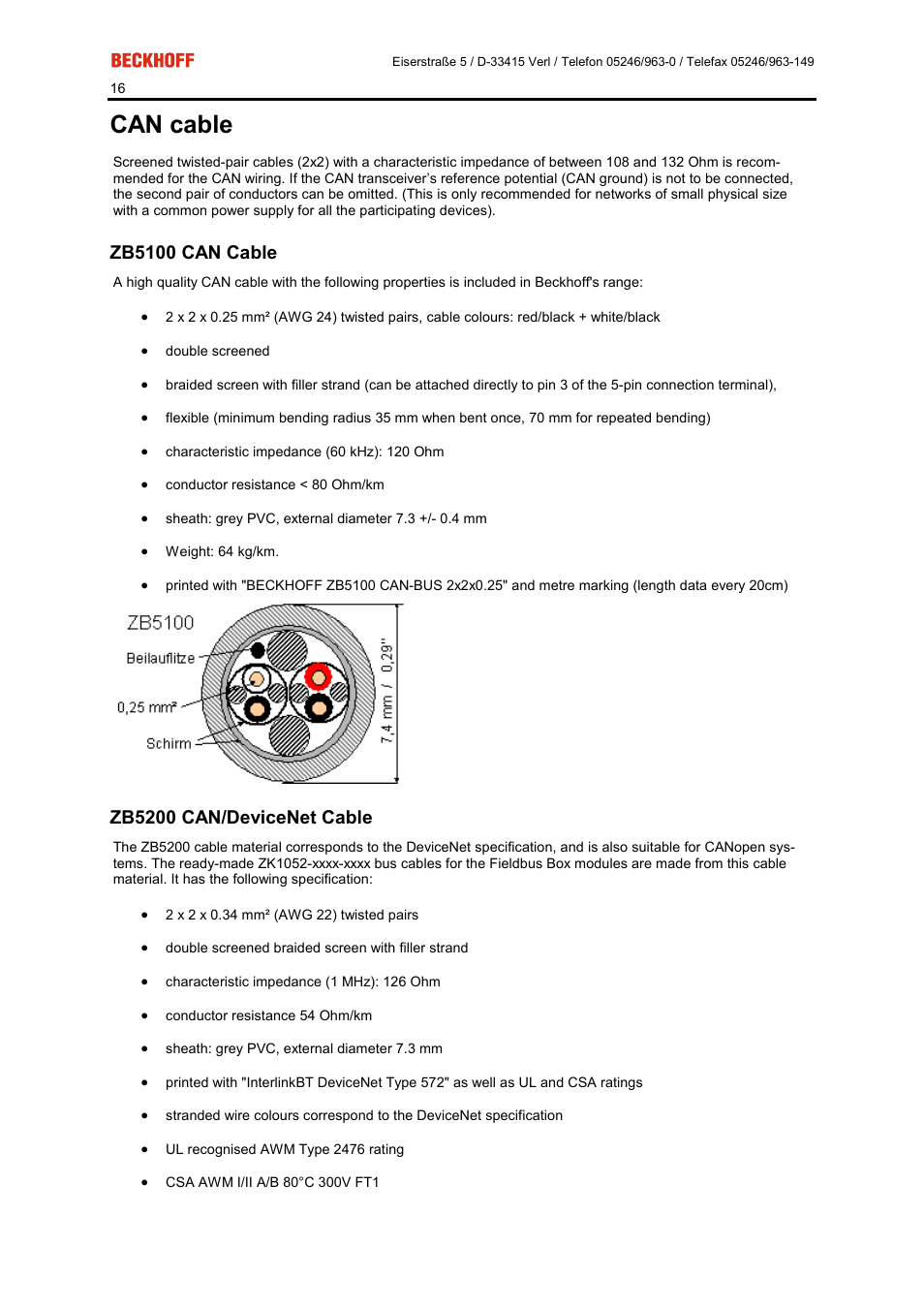 Can cable, Zb5100 can cable, Zb5200 can/devicenet cable | BECKHOFF FC5101 User Manual | Page 16 / 95