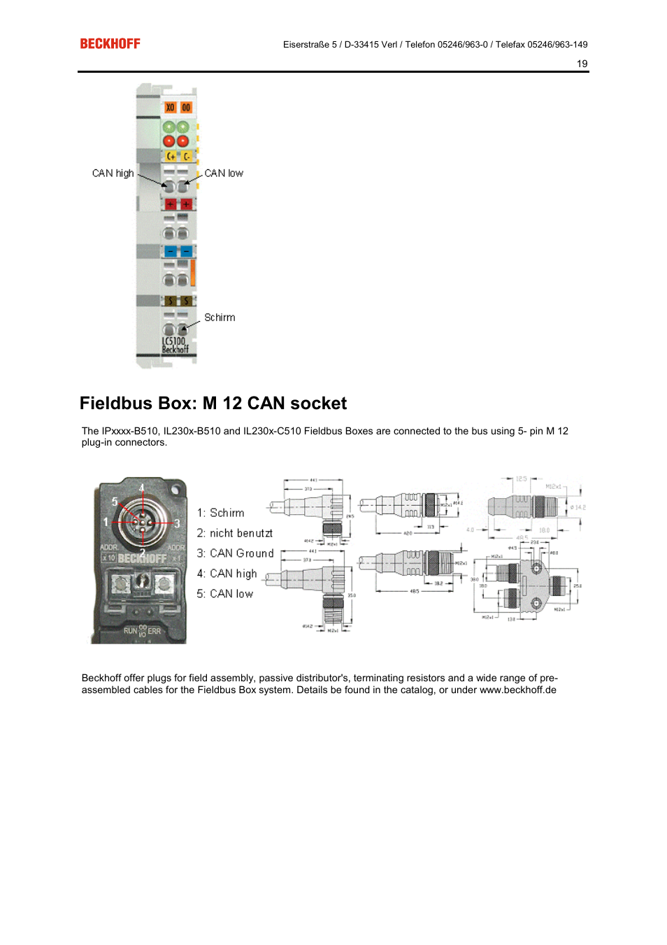 Fieldbus box: m 12 can socket | BECKHOFF FC5101 User Manual | Page 19 / 95