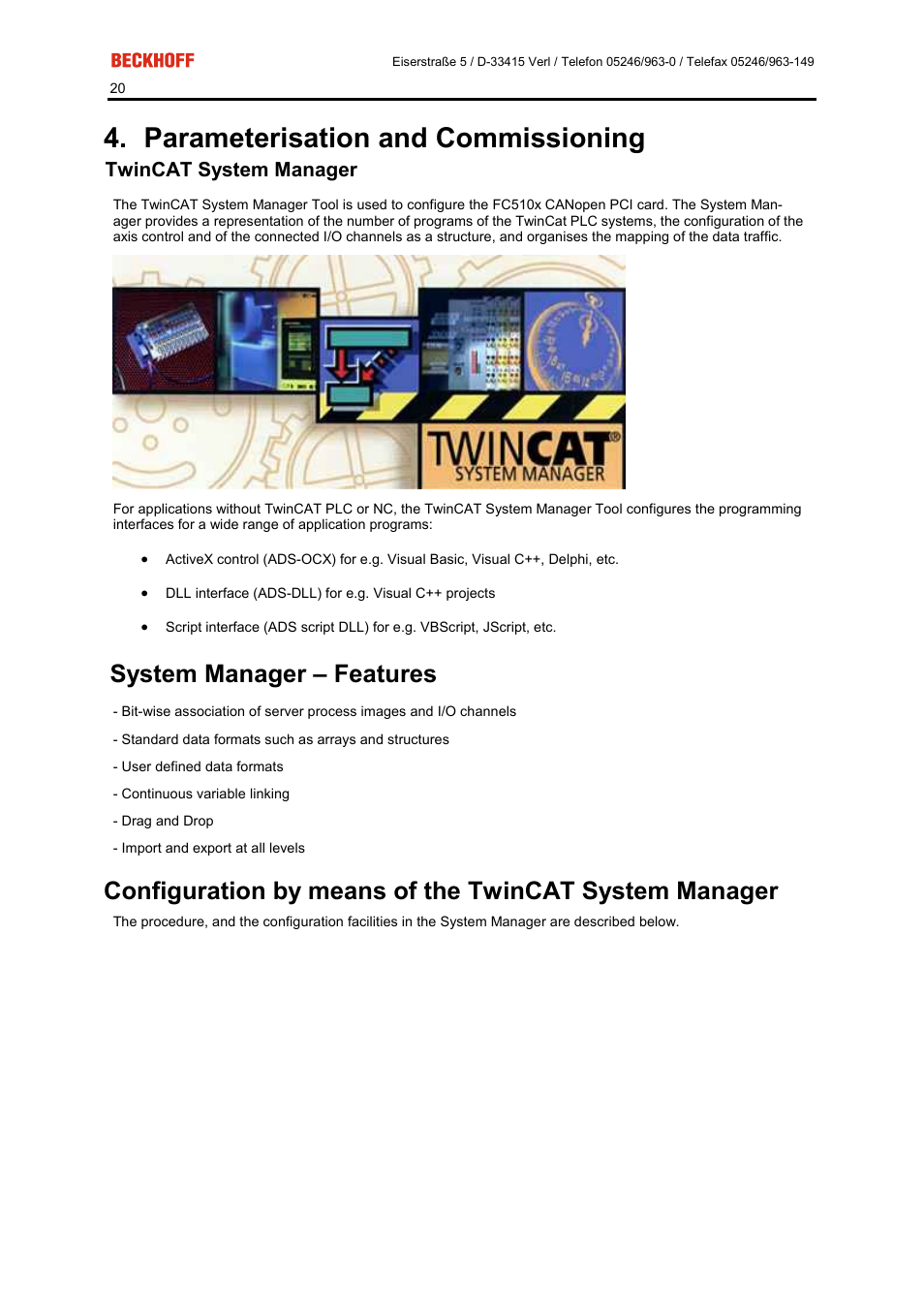 Parameterisation and commissioning, System manager – features, Twincat system manager | BECKHOFF FC5101 User Manual | Page 20 / 95