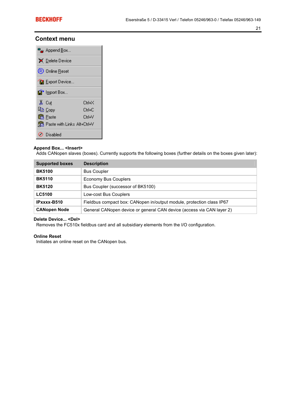 Context menu | BECKHOFF FC5101 User Manual | Page 21 / 95