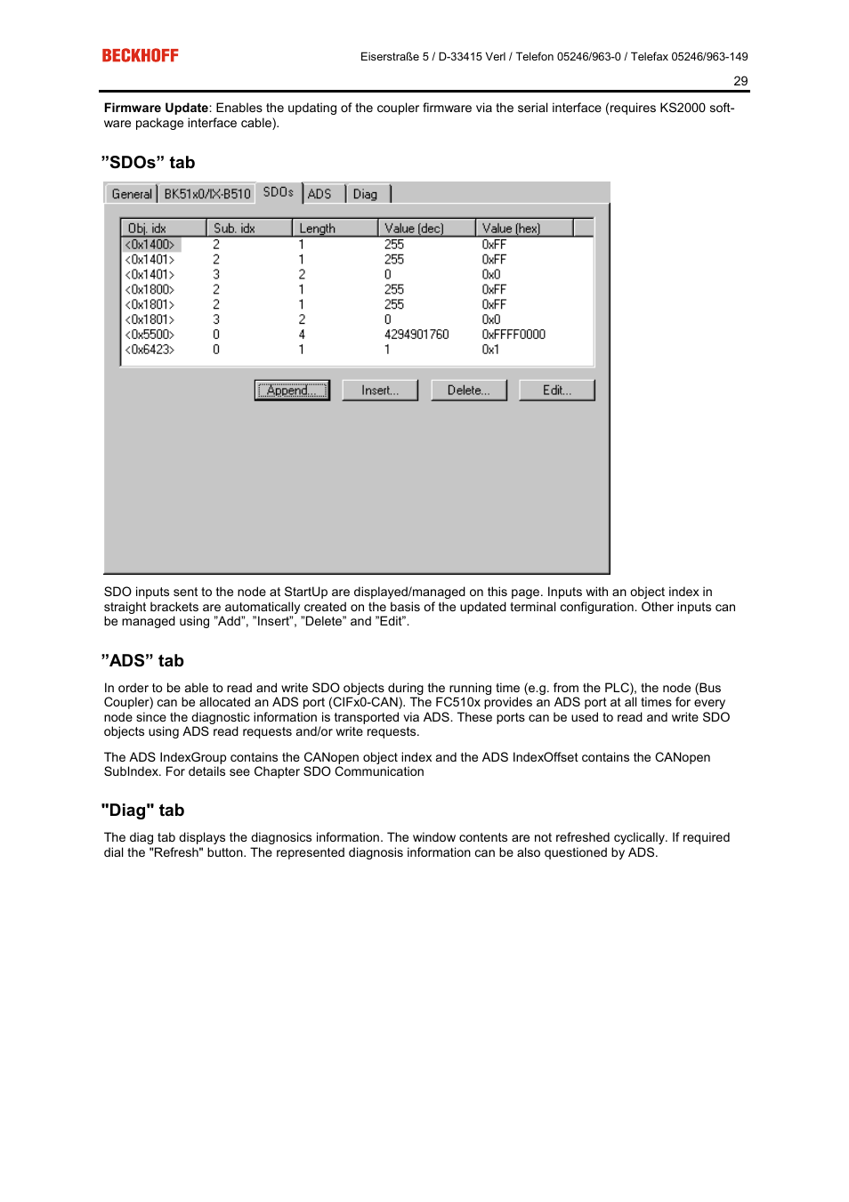 Sdos” tab, Ads” tab, Diag" tab | BECKHOFF FC5101 User Manual | Page 29 / 95