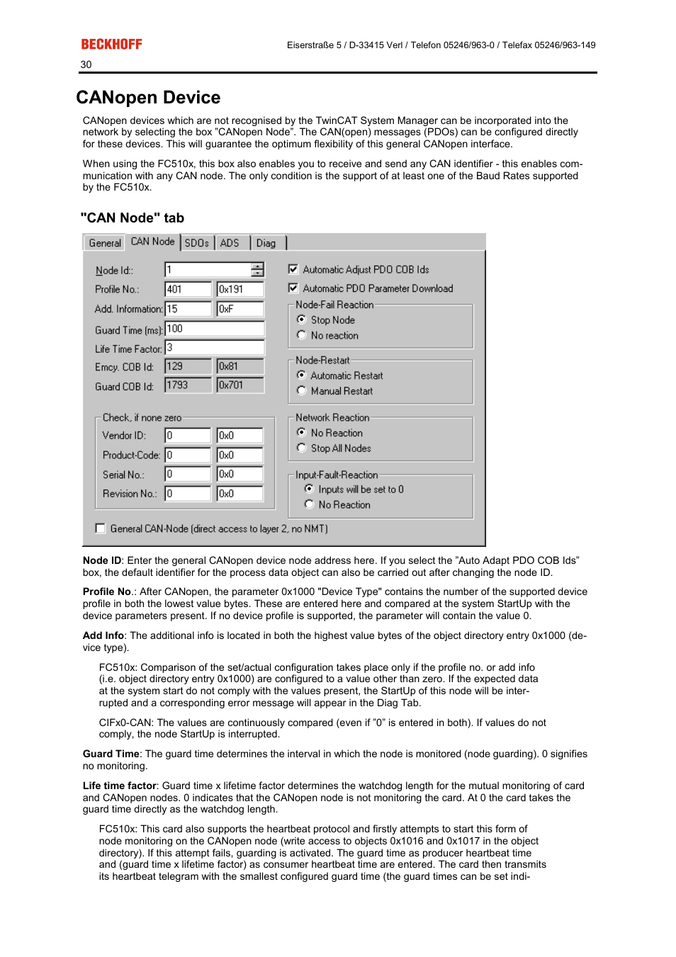 Canopen device, Can node" tab | BECKHOFF FC5101 User Manual | Page 30 / 95