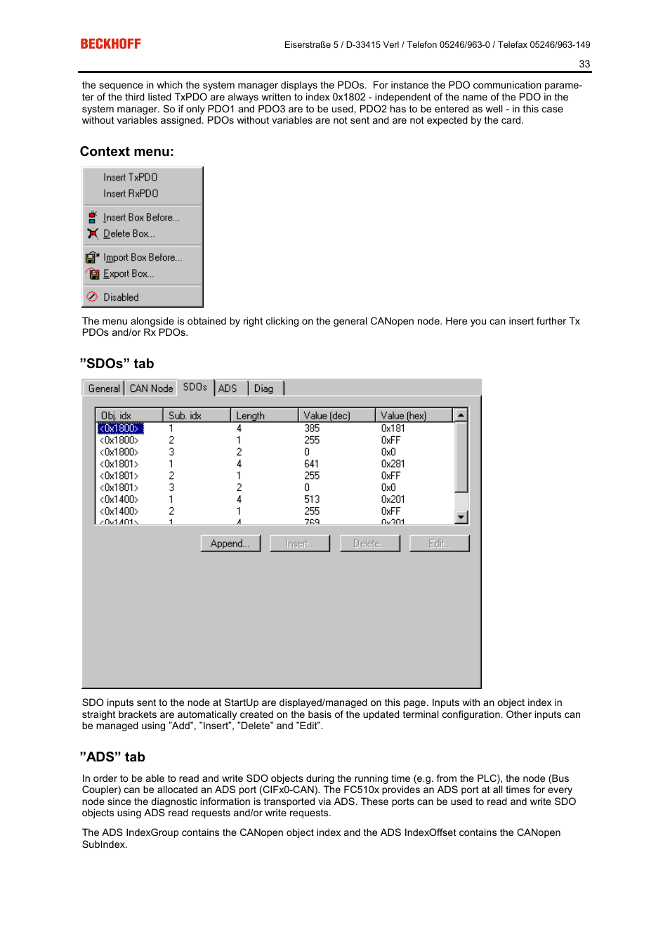 Context menu, Sdos” tab, Ads” tab | BECKHOFF FC5101 User Manual | Page 33 / 95