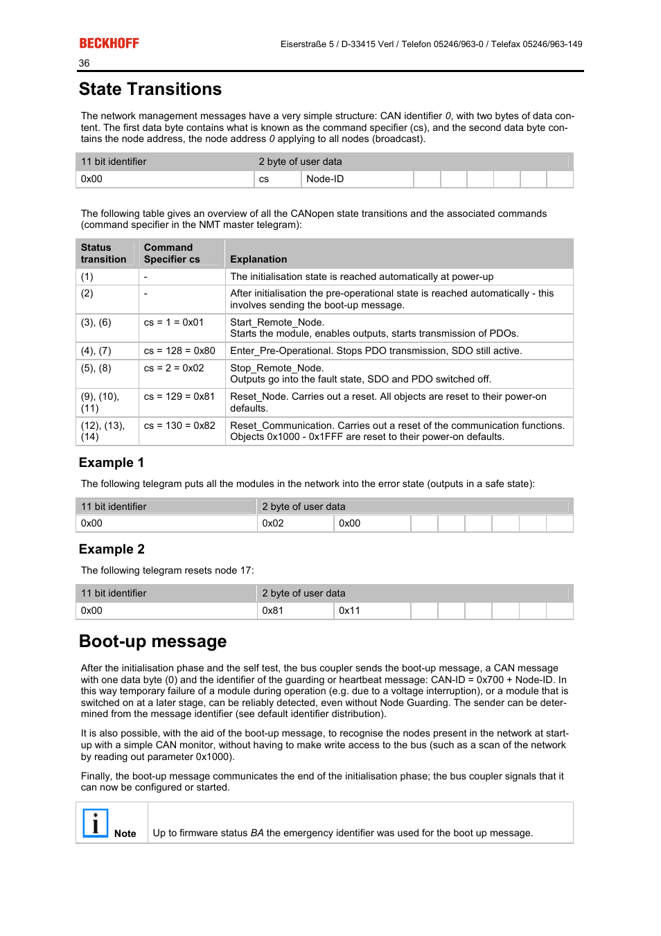 State transitions, Boot-up message, Example 1 | Example 2 | BECKHOFF FC5101 User Manual | Page 36 / 95