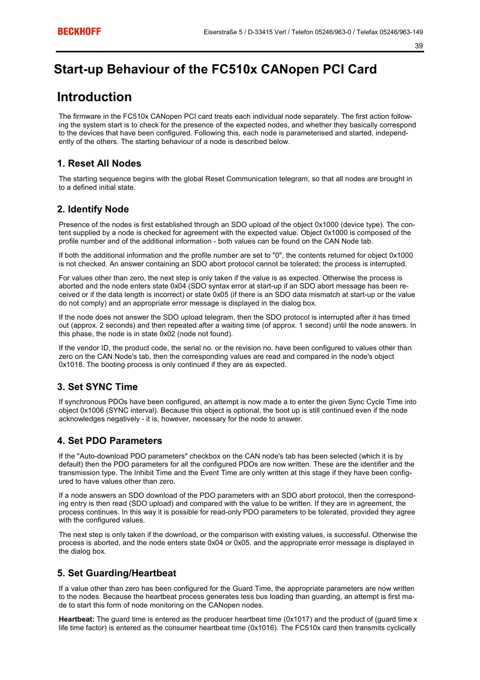 Reset all nodes, Identify node, Set sync time | Set pdo parameters, Set guarding/heartbeat | BECKHOFF FC5101 User Manual | Page 39 / 95