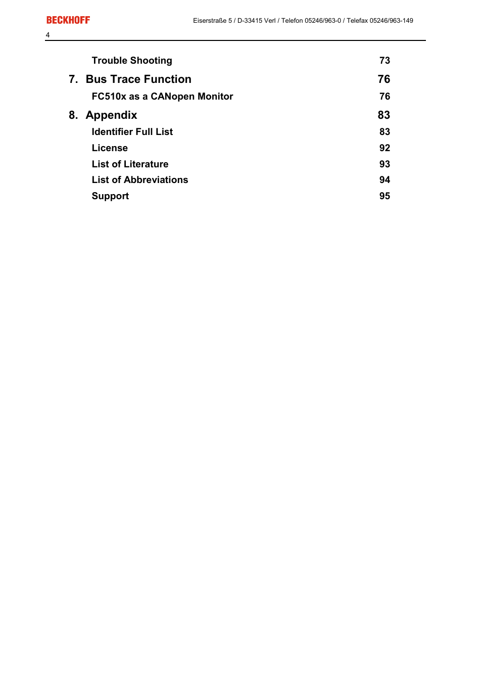 Bus trace function 76, Appendix 83 | BECKHOFF FC5101 User Manual | Page 4 / 95