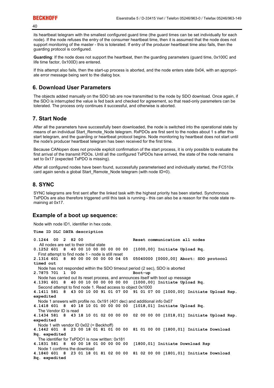 Download user parameters, Start node, Sync | Example of a boot up sequence | BECKHOFF FC5101 User Manual | Page 40 / 95