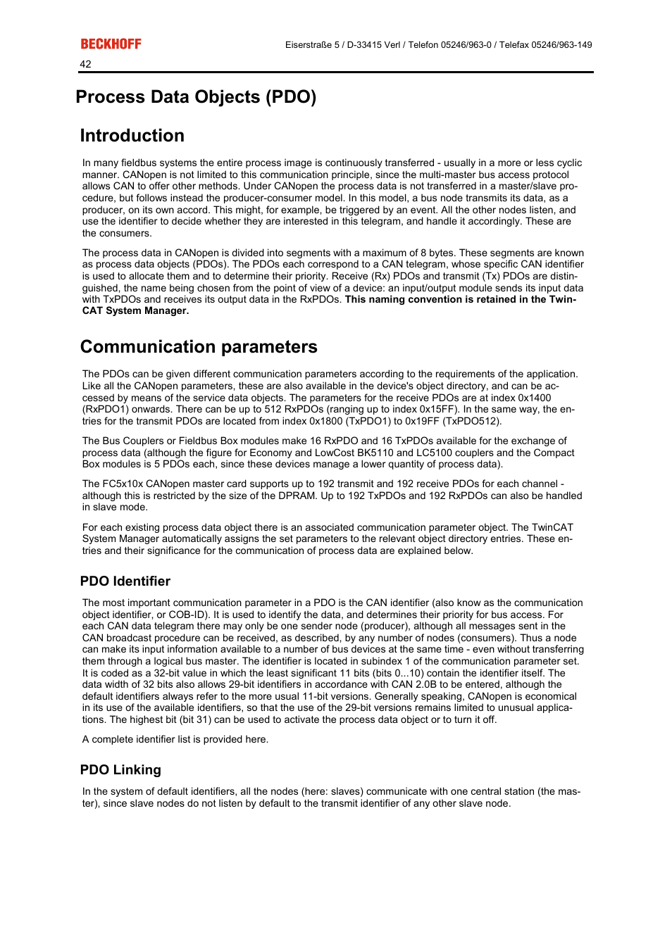 Process data objects (pdo) introduction, Communication parameters | BECKHOFF FC5101 User Manual | Page 42 / 95